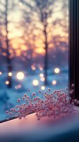 Delicate pink baby's breath flowers on windowsill against blurred winter sunset background with bokeh lights creating dreamy atmospheric mood for seasonal greetings and decor.