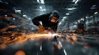 Industrial worker in protective mask using angle grinder with bright sparks flying in dark manufacturing workshop.