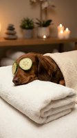 Relaxed dachshund dog enjoying spa treatment with cucumber slices on eyes lying on white towels in wellness center with candles and plants.