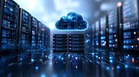 Glowing cloud computing symbol over data center servers with blue technology network connections, representing digital transformation and cloud storage solutions.