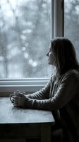Young woman in cozy sweater sitting by window with hot drink watching winter snowfall outside, peaceful indoor moment during cold weather season.