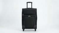 Black soft-shell suitcase with four wheels and telescopic handle isolated on white background for travel and luggage design concepts.