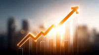 Business growth chart with upward arrow against city skyline at sunrise showing financial success and market expansion for corporate presentations.