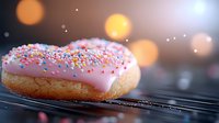 Pink frosted donut with colorful sprinkles on dark surface against blurred warm bokeh lights background, close-up macro shot showing texture and sweet details.