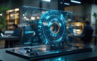Futuristic holographic interface displaying circular technological elements and data visualization in modern office space. Blue glowing graphics on transparent screen.