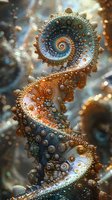 Mesmerizing spiral fractal pattern in turquoise and gold tones with intricate details and bubble-like elements against blurred bokeh background creates magical atmosphere.