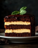 Layered chocolate cake slice with vanilla cream filling and dark chocolate ganache topping, garnished with fresh mint leaves on dark background. Macro food photography.