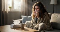 Sick woman with flu blowing nose into tissue while sitting on couch at home during illness recovery.