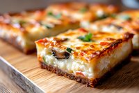 Homemade savory cheesecake bars with mushrooms and herbs on wooden cutting board, creamy texture with golden brown top, close up view of appetizer squares.