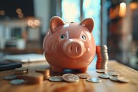 Pink ceramic piggy bank surrounded by scattered coins on wooden table, symbolizing savings and financial planning for future investments.