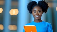 Young African American woman with natural curly hair in bright blue top holding orange notebook, smiling confidently against blurred background with bokeh lights.