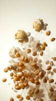 Flying popcorn kernels and fluffy white popped corn scattered in mid-air against neutral beige background for snack food advertising and cinema concepts.