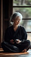 Senior Asian woman in black traditional clothing sitting cross-legged by window, holding tea bowl with eyes closed in peaceful meditation moment.
