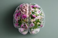 Creative double exposure of human brain filled with pink and white flowers against sage green background, representing mental health, mindfulness and emotional growth.