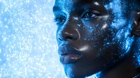 Young African woman with glowing blue cosmic makeup and sparkles on dark skin against black background, side profile portrait showing ethereal beauty and artistry.