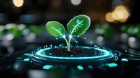 Young green sprout growing from soil with glowing blue digital circle and data visualization elements, representing sustainable technology and smart agriculture.