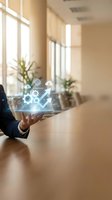 Businessman in dark suit holding tablet displaying glowing digital business analytics, strategy icons, and growth charts in modern office with natural light and plants.