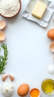 Fresh baking ingredients arranged on white marble surface including flour, butter, eggs, olive oil, garlic and rosemary herbs for cooking preparation.