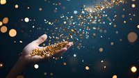 Hand releasing golden glitter and sparkles against dark blue background with bokeh light effects. Magical festive atmosphere.