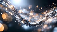 Abstract flowing light waves with golden bokeh particles on dark background. Elegant dynamic design element for luxury presentations.