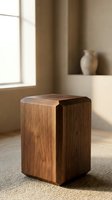 Minimalist solid wood side table with rounded edges in warm walnut finish, placed on textured rug in sunlit neutral interior.