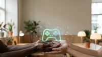 Hands holding glowing green gaming controller hologram with sparkles in modern living room interior for digital entertainment and technology concepts.
