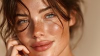 Close-up portrait of young Caucasian woman with freckles and natural makeup looking at camera with soft lighting for beauty and skincare concepts.