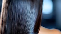 Silky smooth straight brown hair close-up with soft blue bokeh background showing healthy, shiny strands after professional hair treatment and styling.