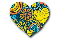Vibrant heart shape filled with retro flower power design featuring swirling patterns in yellow, orange, and turquoise. Playful doodle style artwork for Valentine cards.