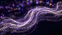 Abstract purple flowing wave with sparkling particles and bokeh lights creating dynamic motion effect for digital art and technology backgrounds.