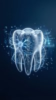 Futuristic digital tooth with neural network patterns and glowing circuits on dark blue background for dental technology and healthcare innovation concepts.