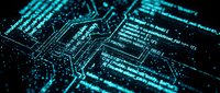 Futuristic circuit board with glowing cyan traces and electronic components on dark background for technology and digital innovation concepts.