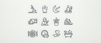 Minimalist line art icons set featuring wellness and lifestyle symbols on neutral background. Perfect for apps, websites and branding projects.