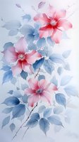 Delicate pink flowers with blue leaves in soft watercolor style, featuring gentle color transitions and ethereal botanical composition for wall art and textile design.