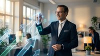 Professional businessman in suit analyzing holographic data visualization and growth charts in modern office environment for business strategy presentations.