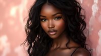 Young African American woman with curly hair and glowing makeup against pink bokeh background for beauty and fashion projects.