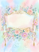 Watercolor floral frame with gold ornate border, pastel roses and hydrangeas on soft rainbow background, copy space for wedding or greeting card.