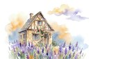 Watercolor cottage house with lavender flowers field in foreground, rustic architecture with colorful sky background for home decor and artistic projects.