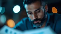 Middle Eastern man with beard looking at digital tablet screen in dark room with bokeh lights, creating moody atmosphere for technology and night work concept.