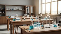 Chemistry laboratory classroom with wooden tables, glassware, test tubes and scientific equipment for educational research and experiments.