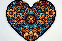 Decorative heart shape filled with vibrant folk art floral pattern featuring orange and blue flowers, swirls and ornamental details on white background.