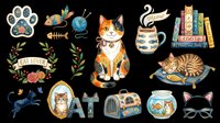 Cute cat lover clipart set isolated on transparent background, featuring cats, paw prints, yarn, fish bowl, books, and accessories for stickers, t-shirts, and print on demand.