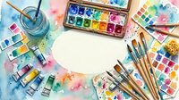 Overhead view of watercolor painting supplies arranged around blank white oval space, featuring colorful paint palettes, brushes, water cup, and artistic materials on pink background with paint splatters for creative projects and design work.