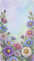 Watercolor aster flowers in purple, pink, blue and white with green leaves on soft pastel background, perfect for cards and prints.