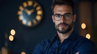 Professional businessman with glasses and beard in modern office with clock and warm lighting for corporate presentations and business concepts.