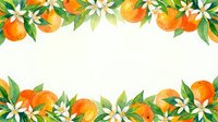 Watercolor orange citrus fruit border frame with white blossoms and green leaves on light background for summer design projects and natural themes.