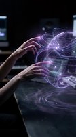 Hands interacting with glowing purple holographic globe and digital network visualization, representing global connectivity, artificial intelligence, and futuristic technology innovation.