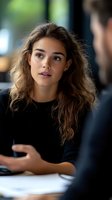 Young Mediterranean woman with curly brown hair wearing black sweater during business meeting, listening attentively to colleague in office setting.