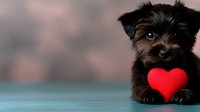 Adorable Yorkshire terrier puppy with black fur lying next to bright red heart shape on turquoise surface against blurred background, expressing love and companionship.