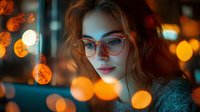 Young woman in glasses illuminated by warm orange bokeh lights against dark background, creating dreamy atmospheric portrait with soft focus effect.